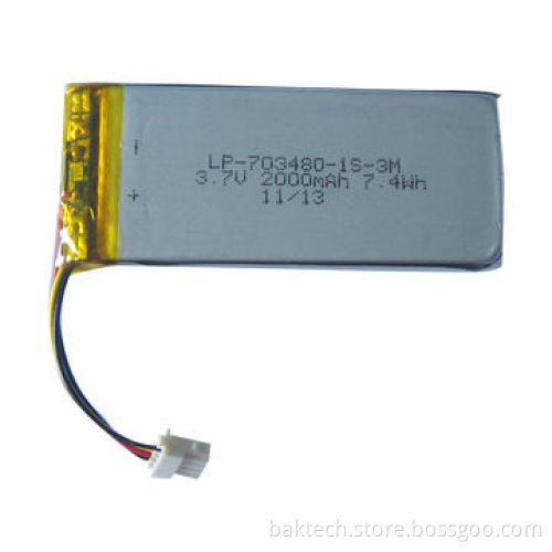 Li-pol Battery Pack, 3.7V, 2000mAh, 703480 Cell, with PCM and 10K NTC, Lead-out Wires and Connector
